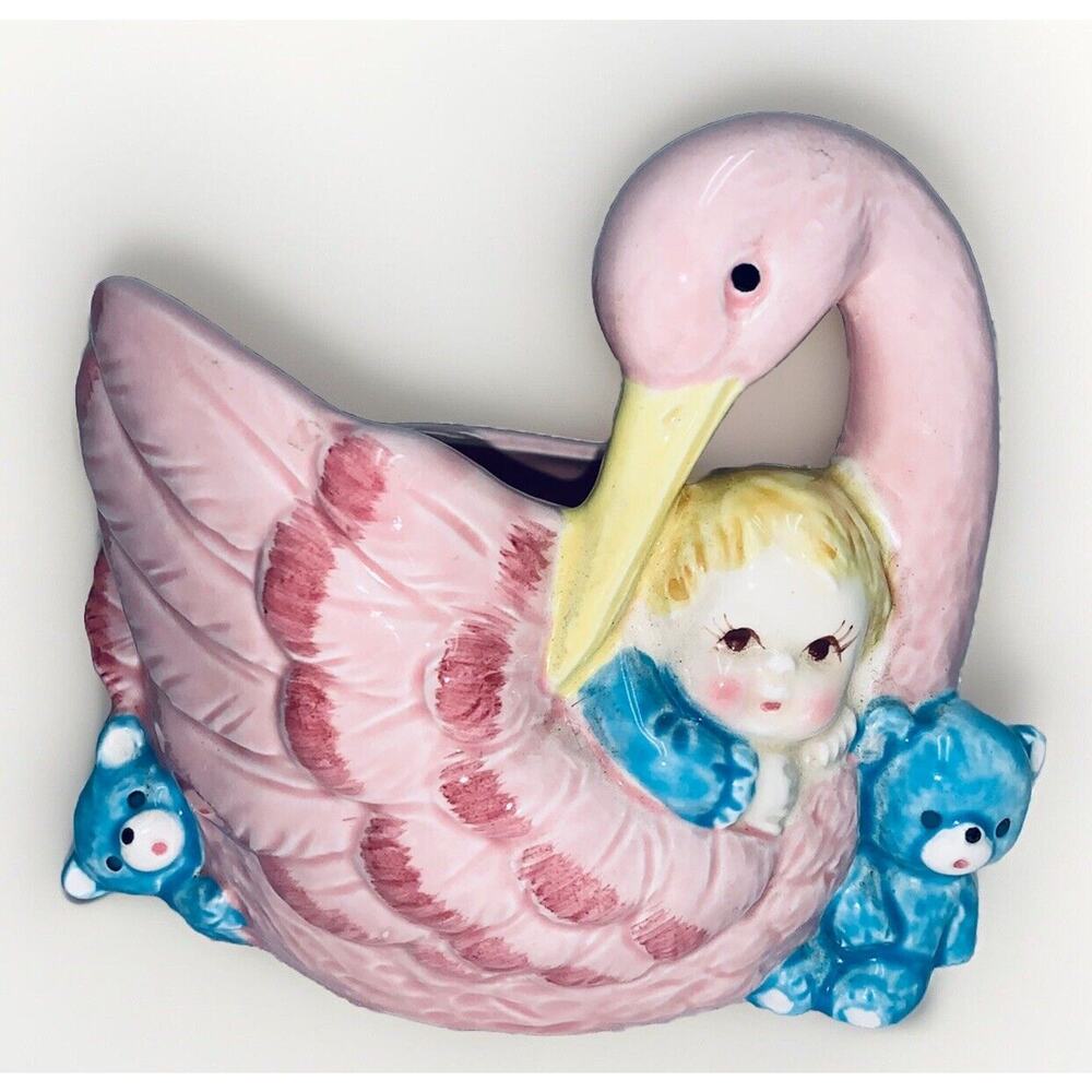Stork Nancy Pew Giftwares Co. Japan 8207 Baby Nursery Planter Pink 2 Blue Bears